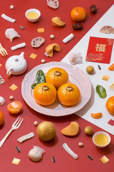 Επίπεδη Θέσει Κινεζικό Νέο Έτος Τροφίμων Και Ποτών Ομάδα Αντικειμένων — Φωτογραφία Αρχείου