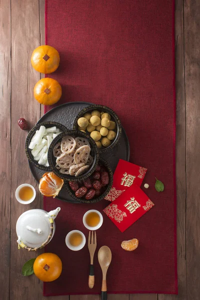 Flat Lay Chinese New Year Food Drink Group Objects Still — Stock Photo, Image