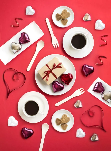 Flat Lay Valentine Day Table Top Food Drink Still Life — Stock Photo, Image