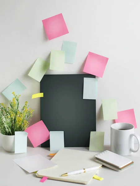 Messy Office Table Top Many Blank Sticky Notes Text Space — Stock Photo, Image