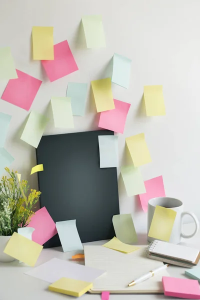 Messy Office Table Top Many Blank Sticky Notes Text Space — Stock Photo, Image