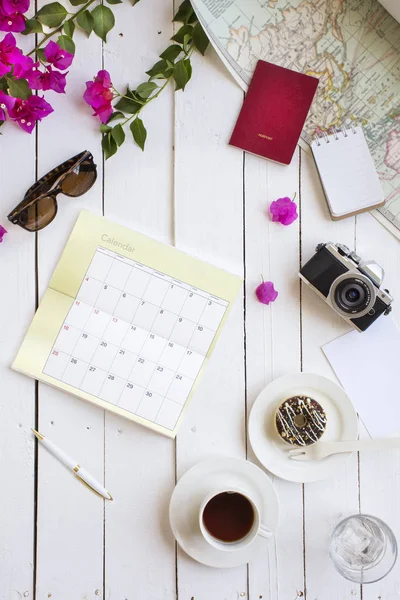 Summer Travel Vacation Planning Coffee Break Objects White Table Top — Stock Photo, Image