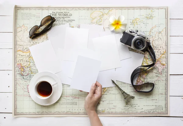 Zomer Reizen Vakantie Lege Kaarten Foto Andere Objecten Het Tafelblad — Stockfoto