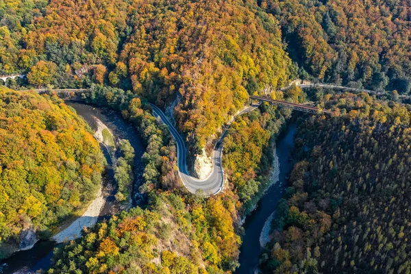 Jiului Völgyben Valea Jiului Canyon Panoráma Hegyi Vályú Erdő Légifelvételek — Stock Fotó