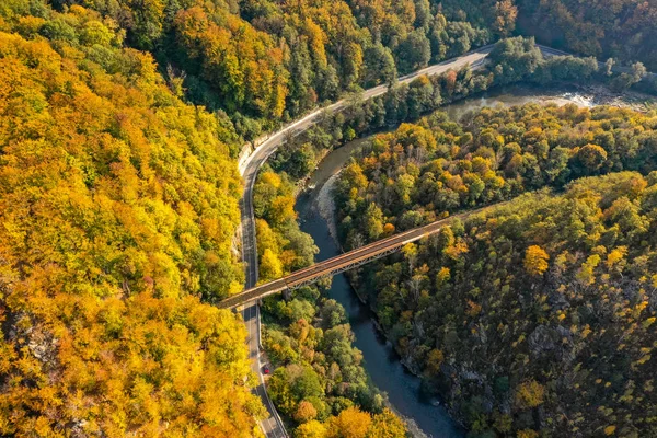 Jiului Völgyben Valea Jiului Canyon Panoráma Hegyi Vályú Erdő Légifelvételek — Stock Fotó