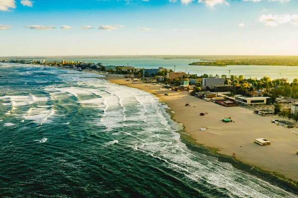 Mamaia Strand Der Schwarzmeerküste Bei Sonnenuntergang Konstanta Rumänien Luftbild — Stockfoto