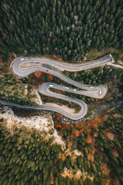 Yukarıdan aşağı görünüme bir ormanın ortasında bir aşırı eğri dolambaçlı yol