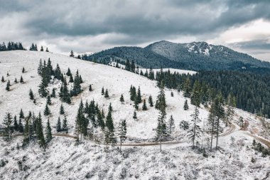 Bicaz Gorge panorama Hasmas Milli Parkı'nda, Transilvanya, Romanya. Kış havadan görünümü.