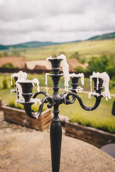 Vintage Candle Holder Melted Wax Burned Candles — Stock Photo, Image