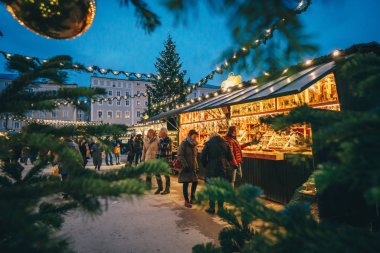 Salzburg Christmas Market seen trough a Christmas tree branches clipart