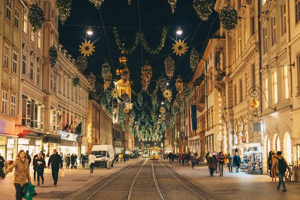 Graz Calles Ciudad Adviento Navidad Decoraciones — Foto de Stock