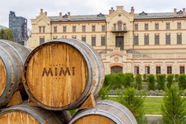 Anenii Noi, Moldova - Kasım 2018: Castel Mimi şaraphane kalenin önünde şarap barels ile