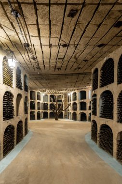 Milestii Mici, Moldova - November 2018: Undergound wine collection of Milestii Mici Winery near Chisinau, Moldova Republic clipart