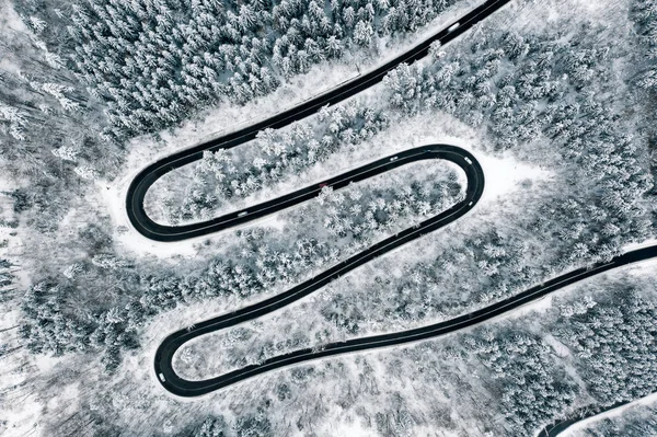 Aerial view of a curved road in the forest in the middle of winter