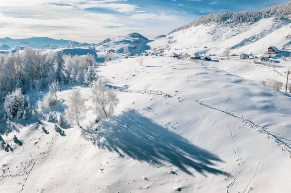 Opady Śniegu Sirnea Tradycyjne Wioski Rumunia — Zdjęcie stockowe
