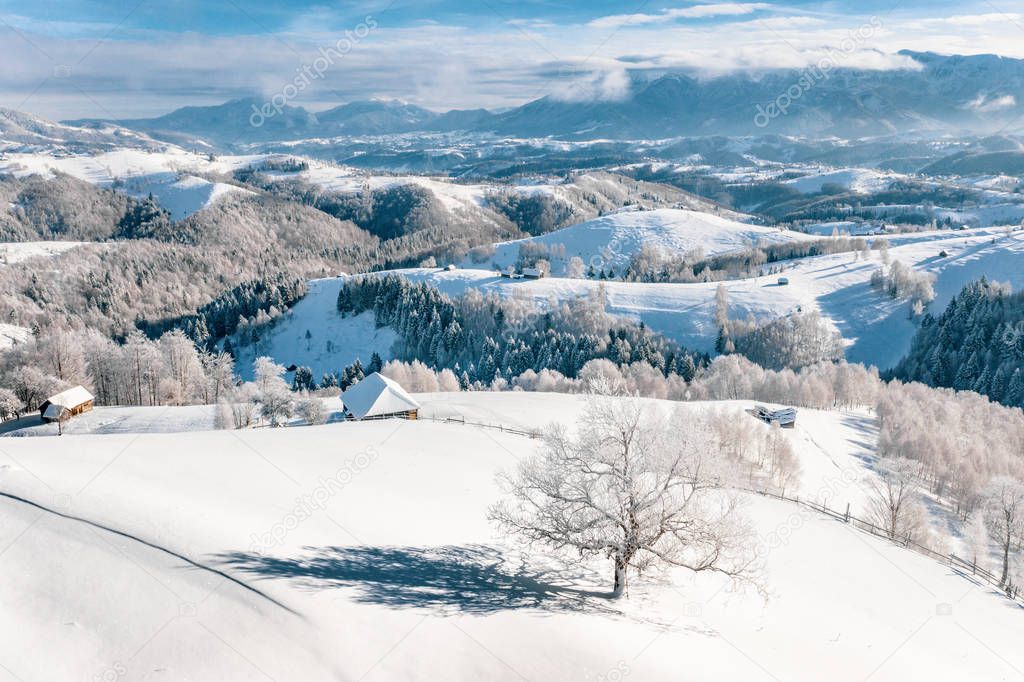 Heavy snowfall in Romania in the Rucar Bran Pass in Transylvania near Brasov and Sinaia
