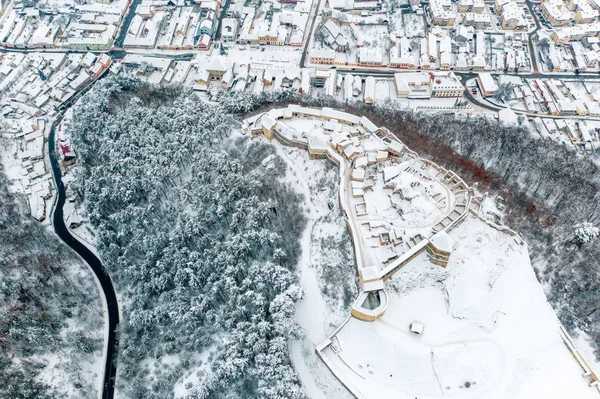 Rasnov Fortress Aerial View Snow Fall — Stock Photo, Image