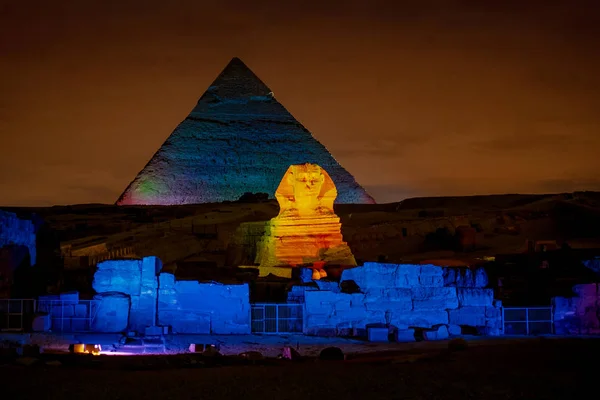 Egitto Notte Alle Piramidi Con Sfinge Iluminato Giza Plateau Cairo — Foto Stock