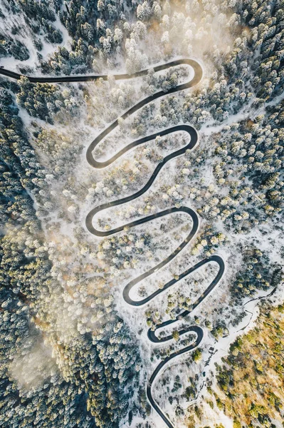 Drone Vista Uma Estrada Sinuosa Meio Floresta — Fotografia de Stock