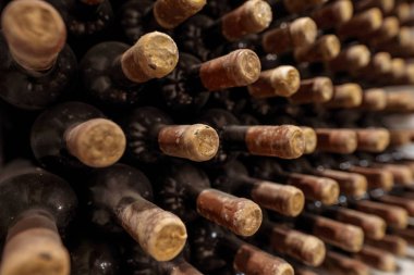 Toz ve örümcek ağı winecellar Fransa içinde closeup bir raf eski şarap şişeleri ile kaplı