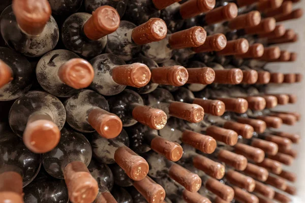 葡萄酒老化过程 葡萄酒瓶老化 覆盖灰尘和霉菌 在传统酒厂 — 图库照片