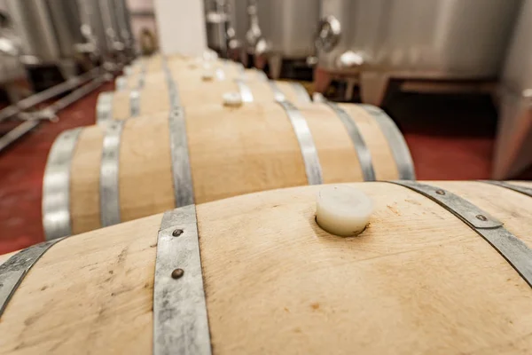 Barricas Roble Para Crianza Vinos Una Bodega Moderna — Foto de Stock