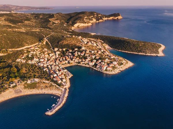 Puesta Sol Sobre Isla Tasos Vista Desde Arriba Drone Disparó — Foto de Stock