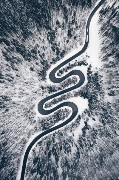 冬の森の真ん中の道路の上下図 — ストック写真