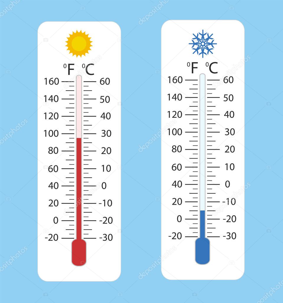 Celsius and fahrenheit meteorology thermometers measuring heat and cold, vector illustration. Thermometer equipment showing hot or cold weather