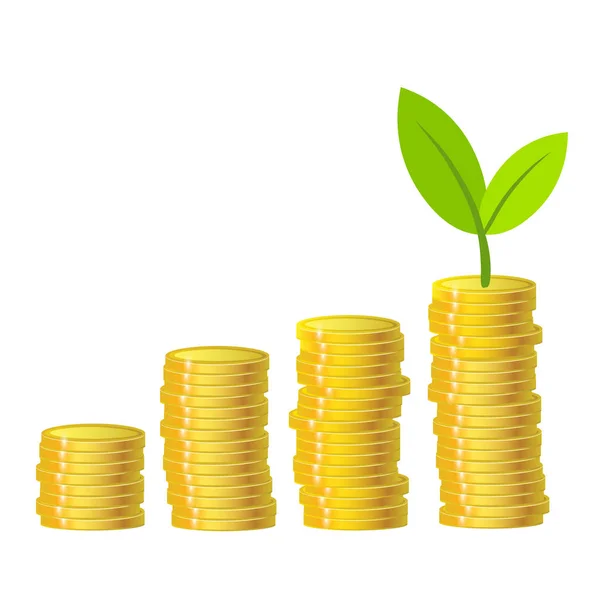 Planta Verde Moedas Ouro Sobre Fundo Branco Conceito Economia Fundos — Vetor de Stock