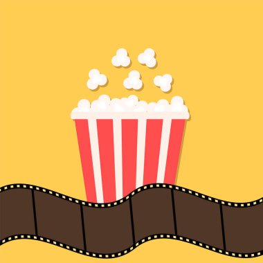 Patlamış mısır. Film şeridi sınır. Kırmızı sarı kutu. Sinema film gece simgesi düz tasarım tarzında. Hisse senedi vektör çizim