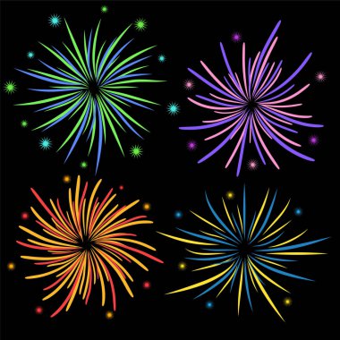 Siyah arka plan, hisse senedi vektör çizim üzerinde havai fişek kümesi