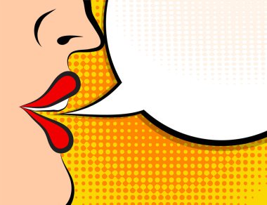 Pop art retro tarzı çizgi roman paneli kızla saçma küçük bir konuşma sohbet eden konuşma balonu vektör poster tasarım çizimde konuşuyor