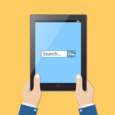 Tablet el ve arama tablet ekranında, hisse senedi vektör çizim