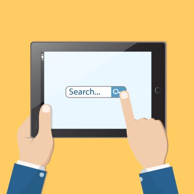 Tablet el ve arama tablet ekranında, hisse senedi vektör çizim