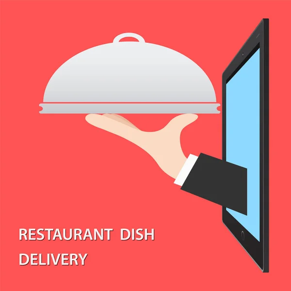 餐馆食物交付概念平的向量例证 片剂的侍者手与菜 — 图库矢量图片