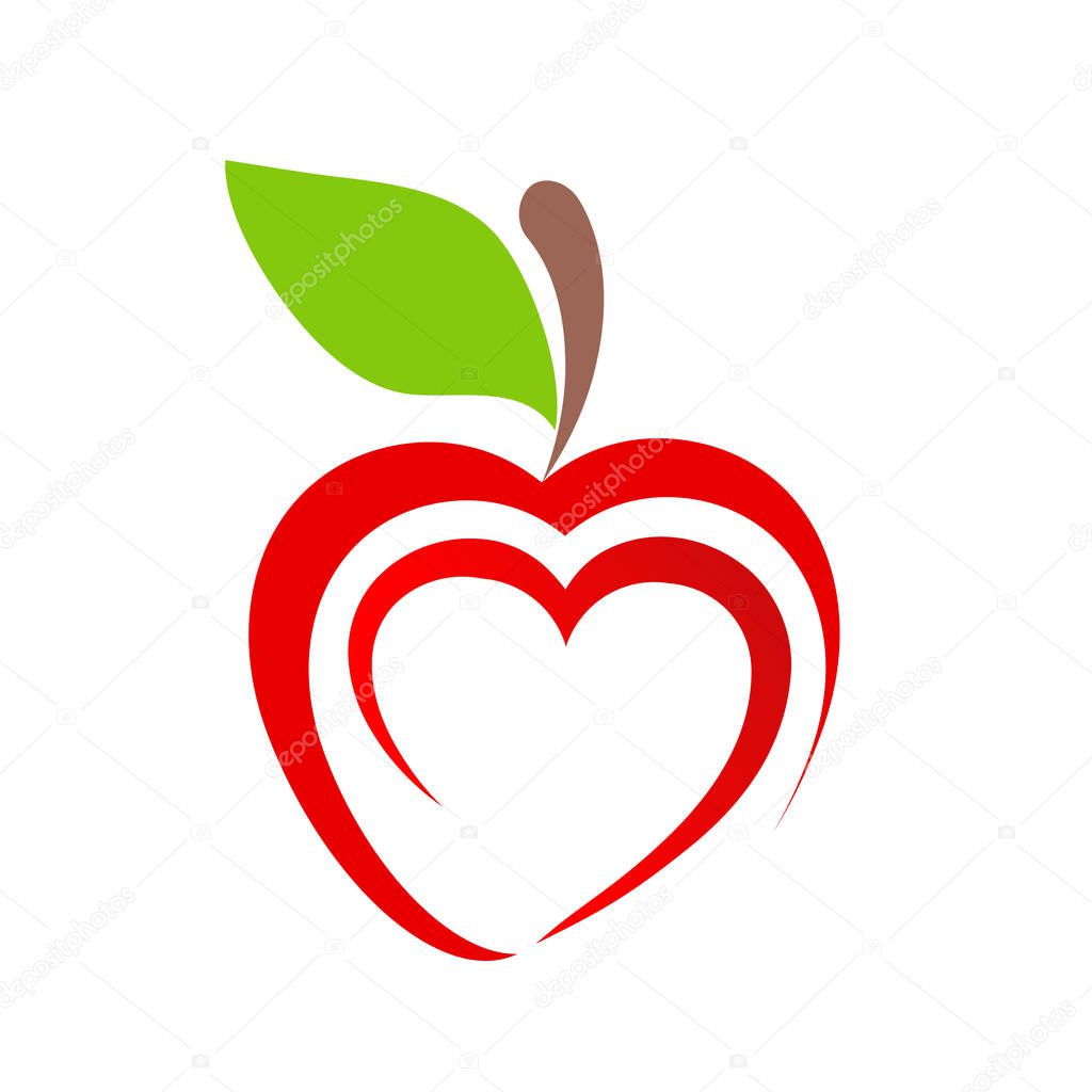 red apple fruit icon with heart symbol on white, stock vector illustration