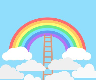 Color rainbow with clouds and wooden stairs on blue sky background vector Color rainbow with clouds and wooden stairs on blue sky background vector