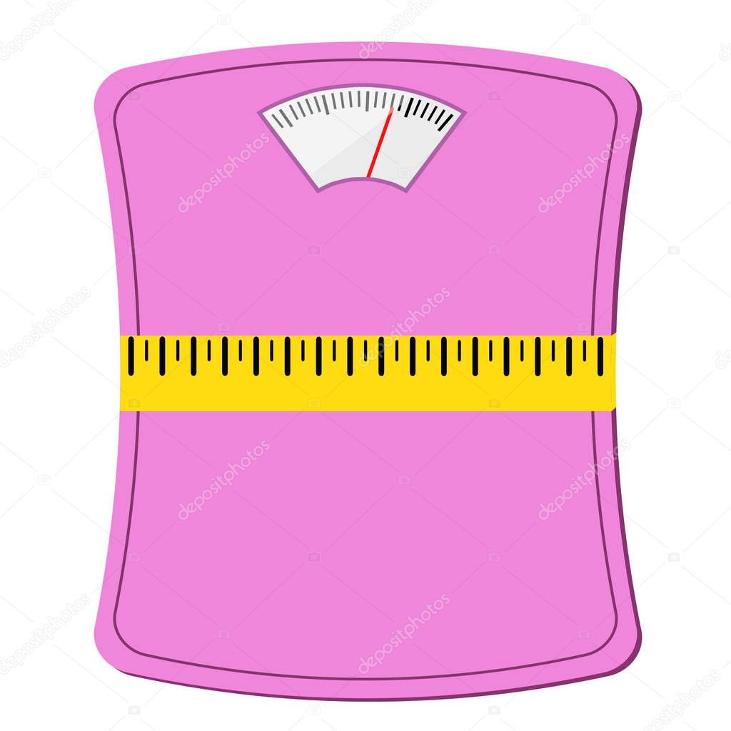 pink woman scale with measuring tape, diet concept design, stock vector illustration