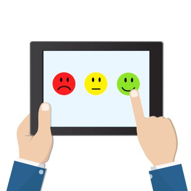 Olumlu geribildirim bırakarak tablet ekran, Web sitesi derecelendirme geri bildirim kavramı, hisse senedi vektör çizim üzerinde işadamı el