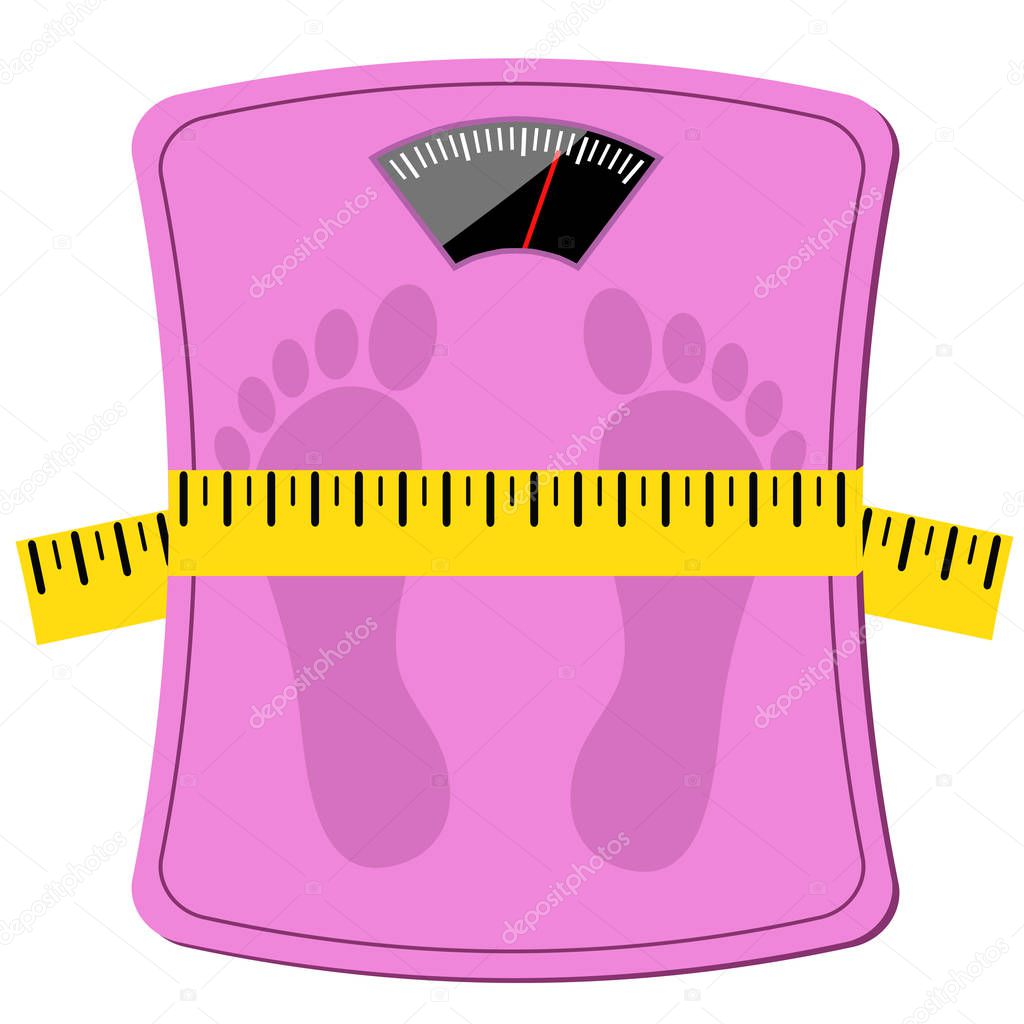 pink woman scale with measuring tape, diet concept design, stock vector illustration