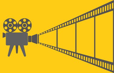 Retro video kamera ve film kaset sarı cimena arka planda, hisse senedi vektör çizim