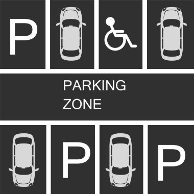 park etmiş arabaların Park bölgesinde karanlık asfalt arka plan üzerinde. hisse senedi vektör çizim