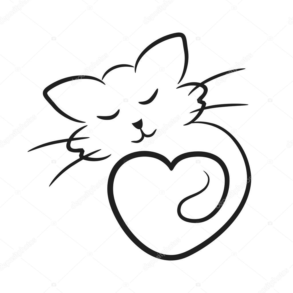 Abstract cat icon with heart like animal love symbol, stock vector illustration