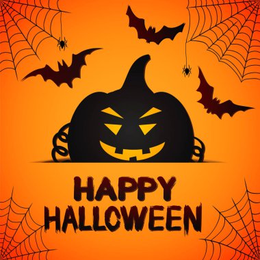 Mutlu Cadılar Bayramı turuncu tebrik kartı ile kabak, web, örümcekler ve yarasalar, hisse senedi vektör çizim