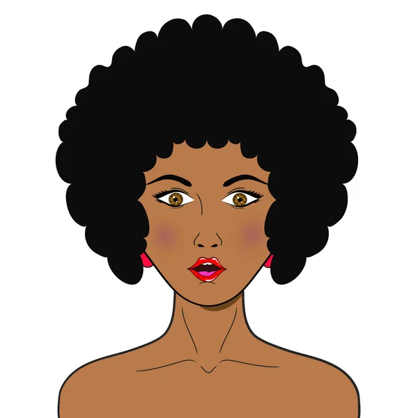 うわー ポップアートの顔 ホワイトでポップなアート レトロ コミック スタイルの開口でセクシーな驚いてアフリカ女性 — ストックベクタ