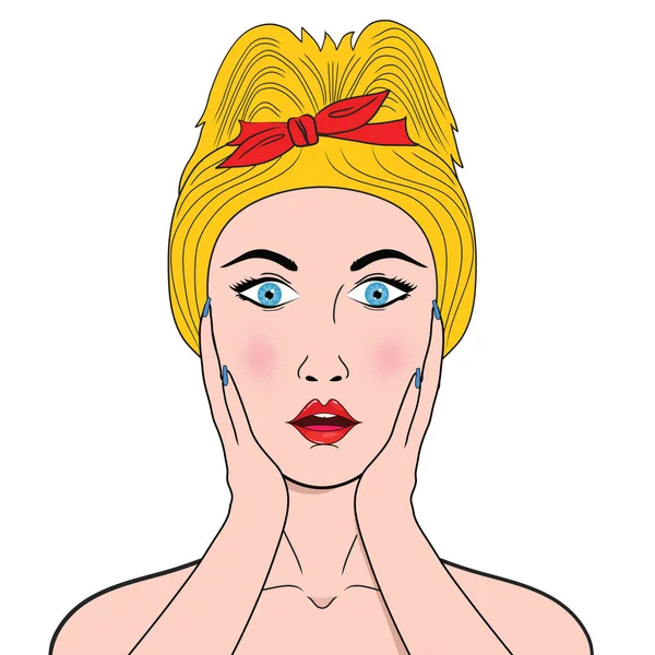 Wow Pop Art Visage Féminin Sexy Surprise Jeune Femme Bouche — Image vectorielle
