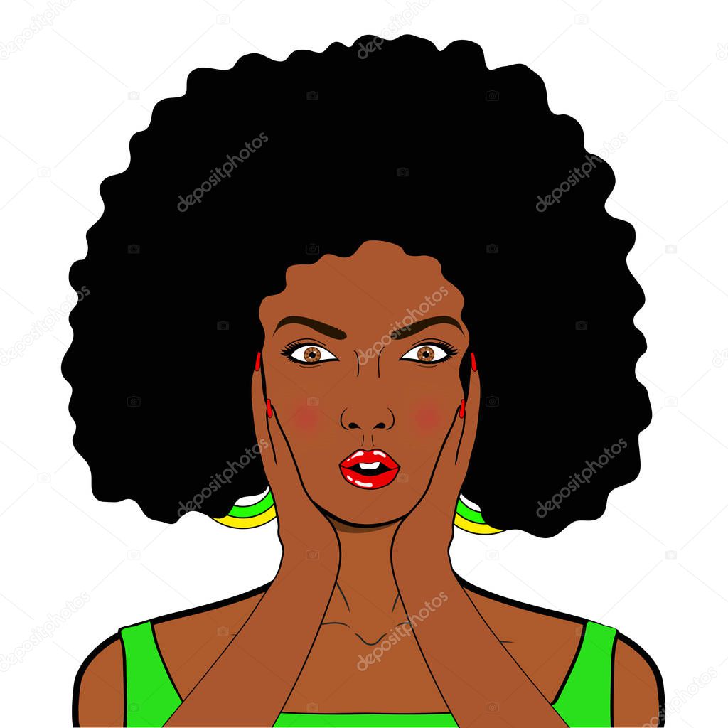 Wow pop art face. Sexy surprised african woman with open mouth in pop art retro comic style on white