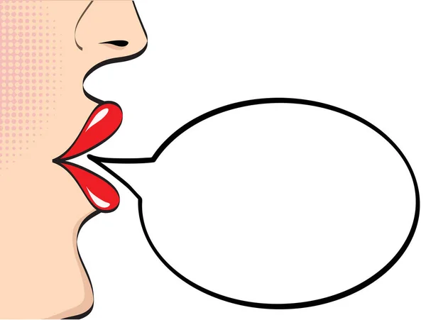 Visage Femme Avec Lèvres Rouges Bulle Parole Vide Sur Blanc — Image vectorielle