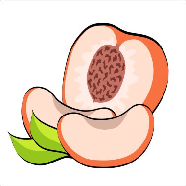 Tatlı karikatür şeftali beyaz, hisse senedi vektör çizim üzerinde yeşil yaprakları ile